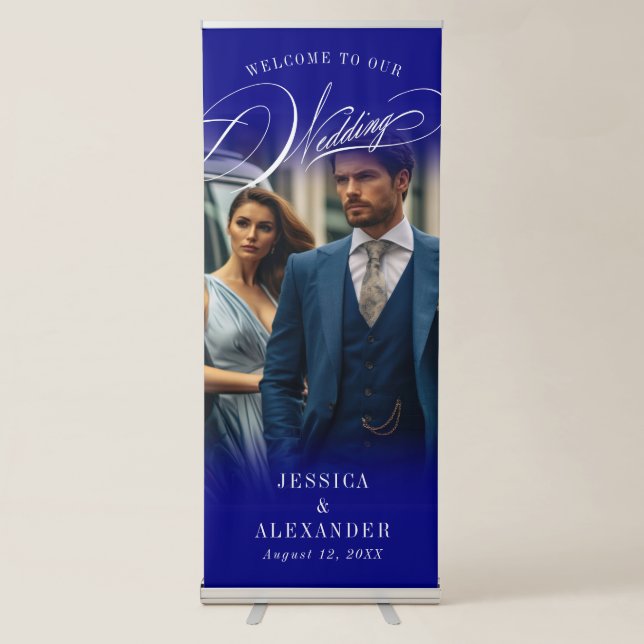 Blue Elegant Calligraphy Wedding Photo Welcome Retractable Banner (Front)