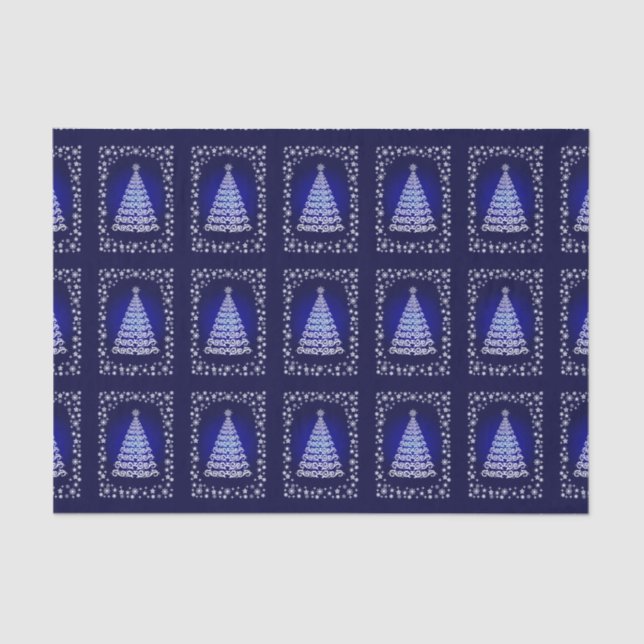 Blue Elegant Christmas Tree And Stars Tissue Paper (Front)