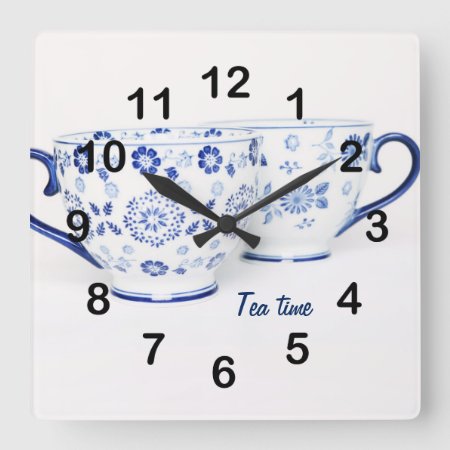 Blue Elegant Classic Tea Cup Square Wall Clock