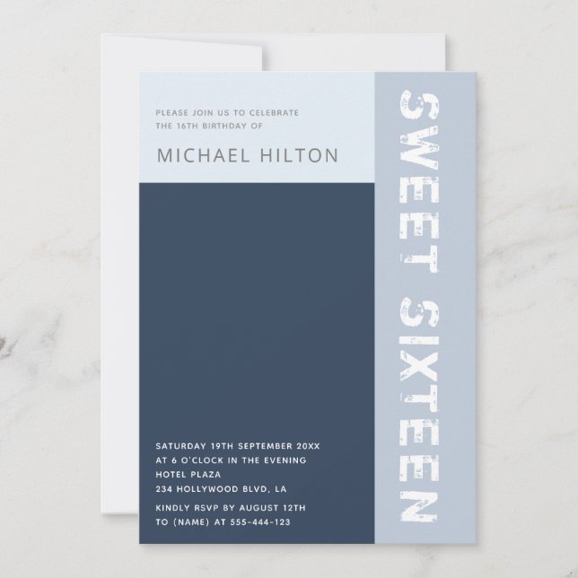 Blue elegant color block boy sweet sixteen  invita invitation (Front)