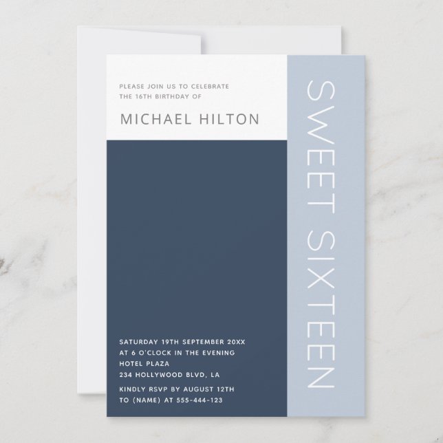 Blue elegant color block boy sweet sixteen  invitation (Front)