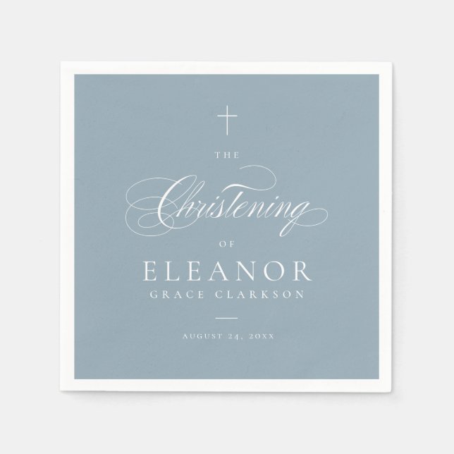 Blue Elegant Cross Script Calligraphy Christening Napkins (Front)