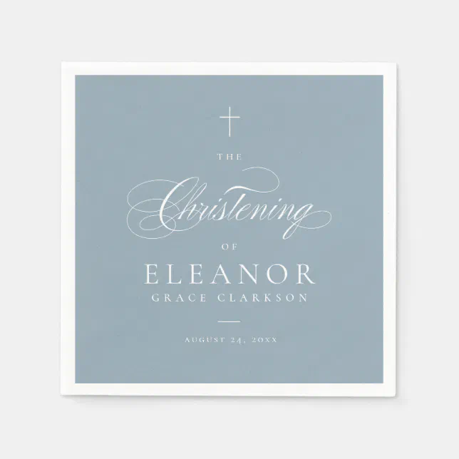Blue Elegant Cross Script Calligraphy Christening Napkins | Zazzle