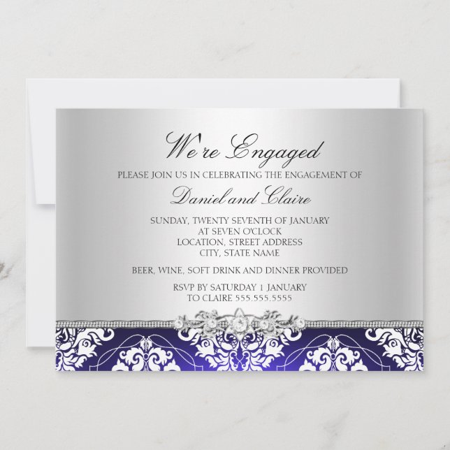 Blue Elegant Damask Engagement Party Invitation (Front)
