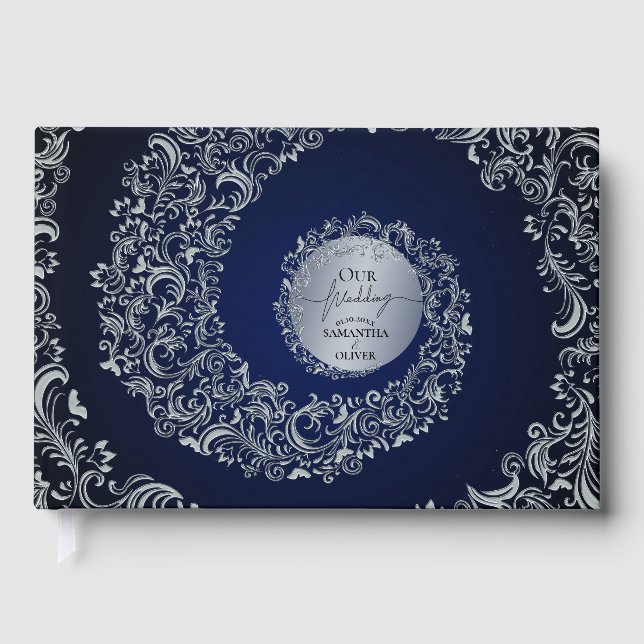 Blue Elegant Damask Wedding Guest Book (Front)