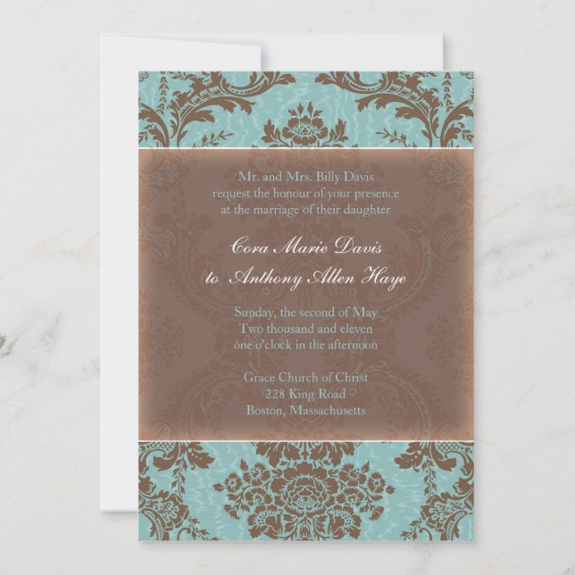Blue Elegant Damask Wedding Invitation (Front)