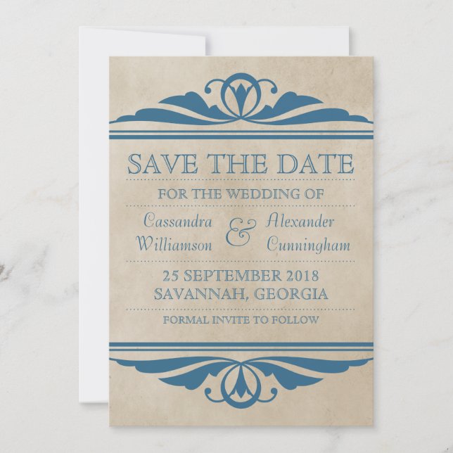 Blue Elegant Deco Save the Date Invite (Front)