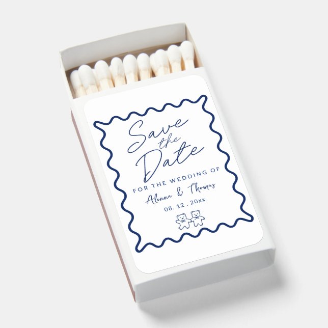 Blue elegant doodle frame Save the date Matchboxes (Front Open)