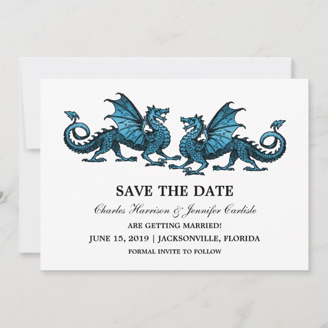 Blue Elegant Dragons Save the Date Invite (Front)