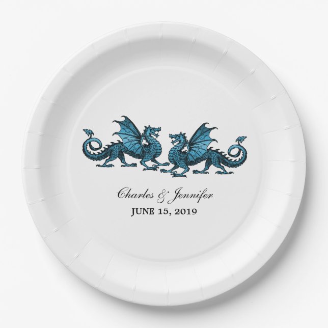 Blue Elegant Dragons Wedding Paper Plates (Front)