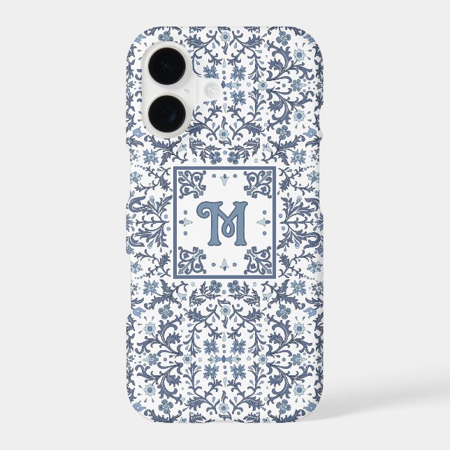 Blue Elegant Fancy Floral Pattern Personalized iPhone Case (Back)