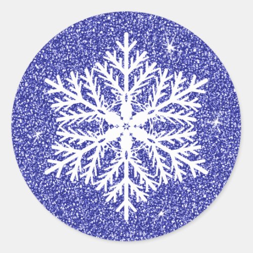 Blue Elegant Faux Glitter Christmas Snowflake Classic Round Sticker