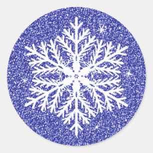 Blue Elegant Faux Glitter Christmas Snowflake Classic Round Sticker
