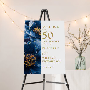 Blue Elegant Floral 50th Anniversary Welcome Sign
