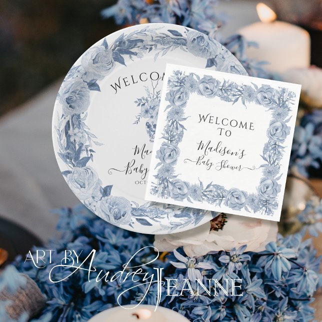 Blue Elegant Floral Chinoiserie Baby Girl Shower Napkins (Creator Uploaded)