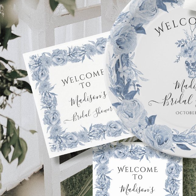 Blue Elegant Floral Chinoiserie Bridal Shower Napkins (Creator Uploaded)