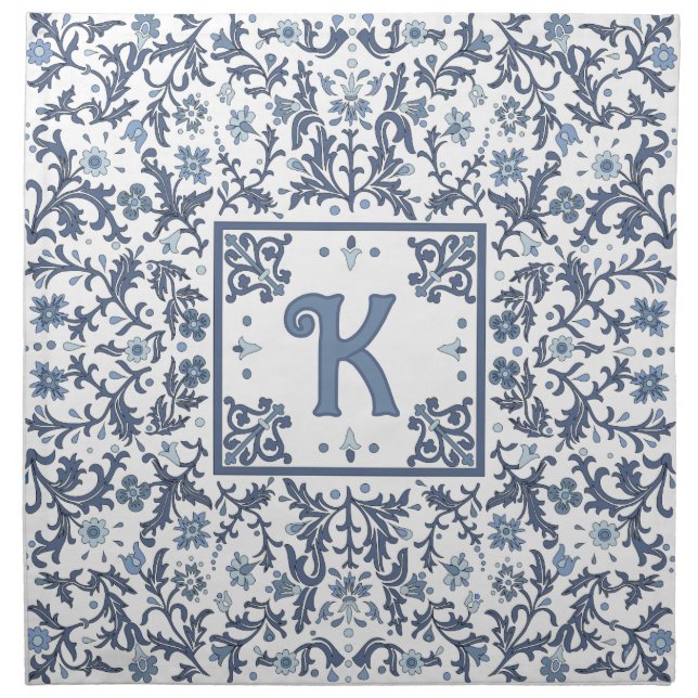 Blue Elegant Floral Personalized Cloth Napkin (Front)