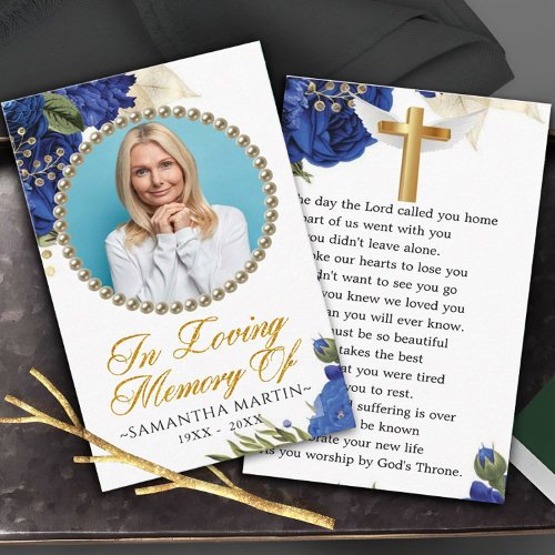  Blue Elegant Floral Photo Funeral Prayer Card