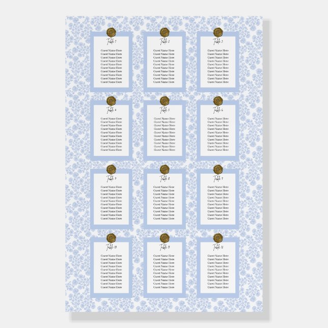 Blue Elegant Floral Toile Seating Chart Foam Board (Front)