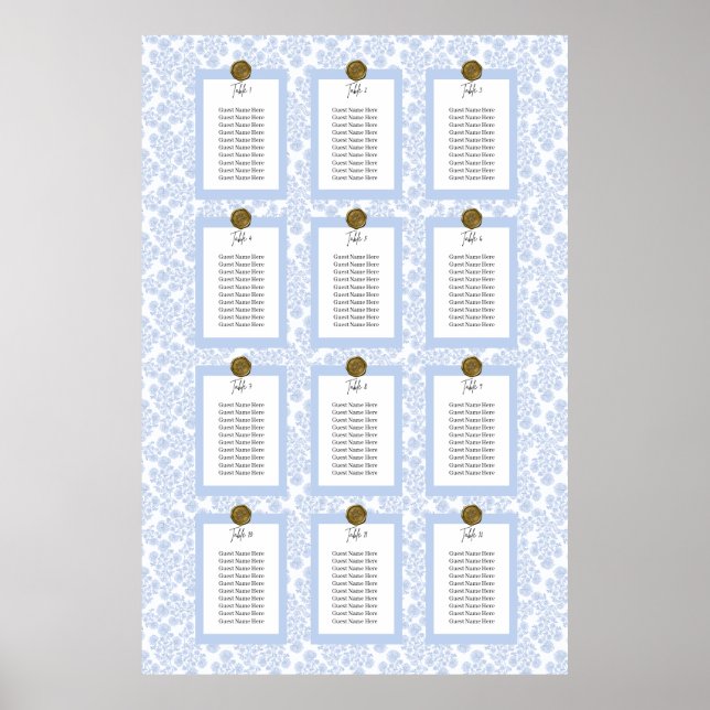 Blue Elegant Floral Toile Seating Chart Poster (Front)