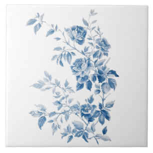 Blue Elegant Floral Vintage Design Ceramic Tile