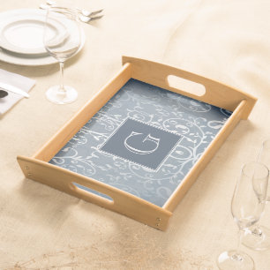 Blue Elegant Flourish Monogram Serving Tray