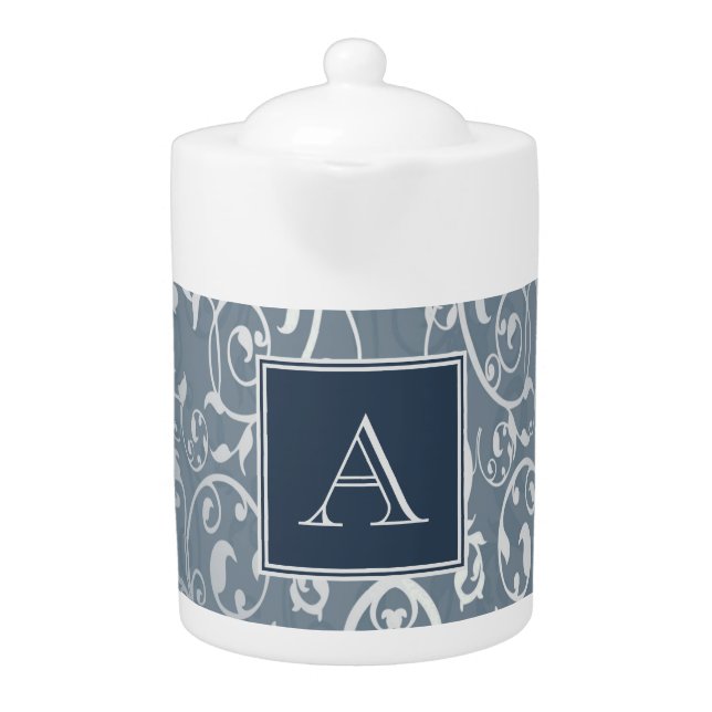 Blue Elegant Flourish Monogram Teapot (Front)