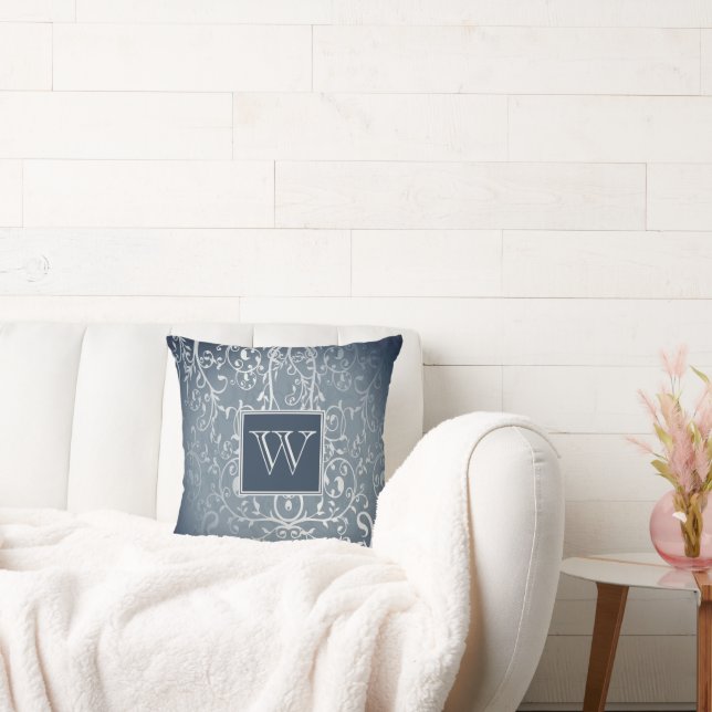 Blue Elegant Flourish Monogram Throw Pillow (Couch)