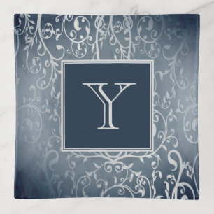 Blue Elegant Flourish Monogram Trinket Tray