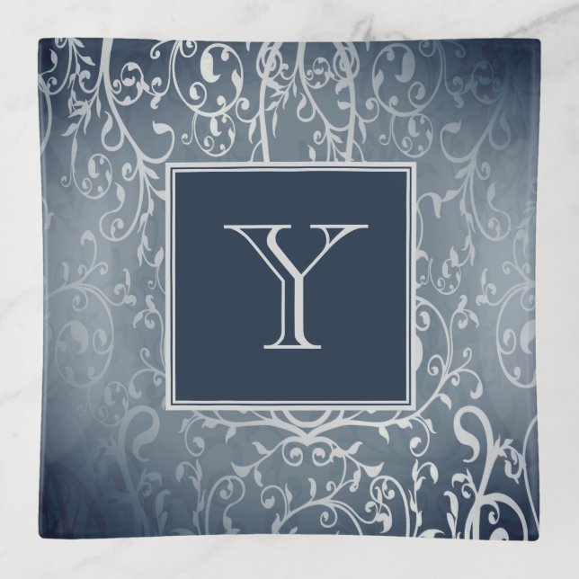 Blue Elegant Flourish Monogram Trinket Tray (Front)