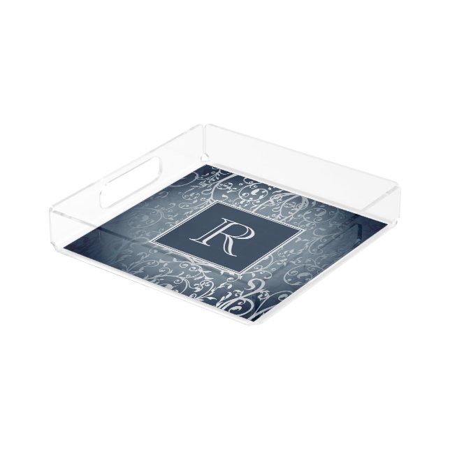 Blue Elegant Flourish Monogram Vanity Tray (Angled)