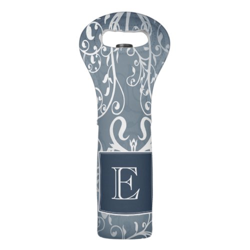 Blue Elegant Flourish Monogram Wine Tote