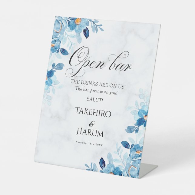 Blue Elegant flower summer wedding Pedestal Sign (Front)