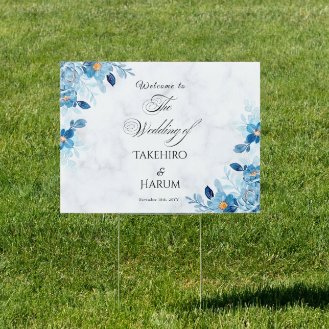 Blue Elegant flower summer wedding welcome Sign (Insitu)