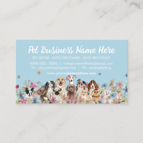 Blue Elegant Flowers Dog Groomer Pet Sitter Business Card