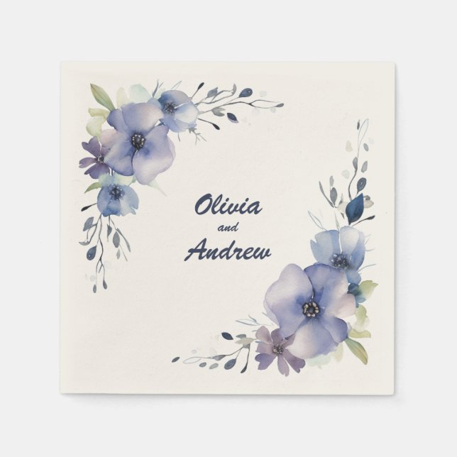 Blue Elegant Flowers: Personalized Wedding Napkins (Front)