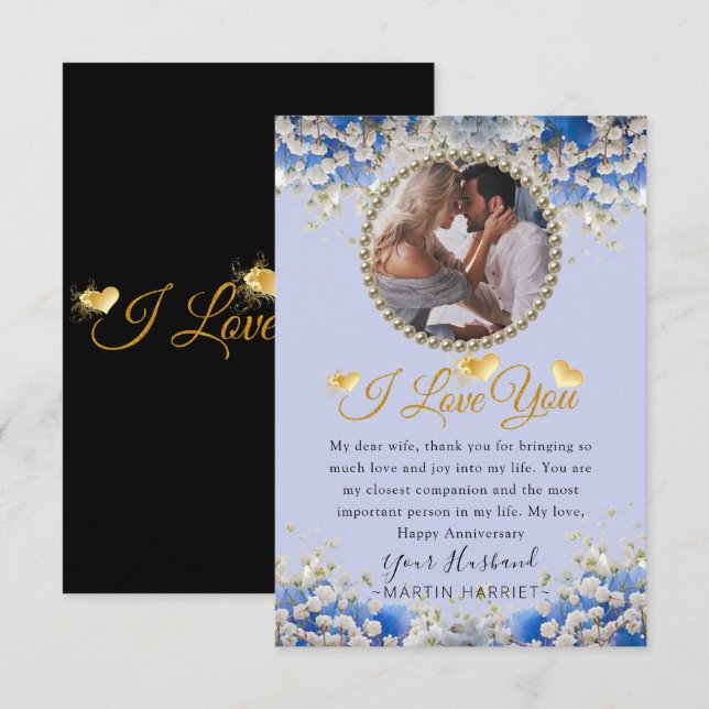 Blue Elegant Flowers Photo Wife Anniversary Card (Front/Back)