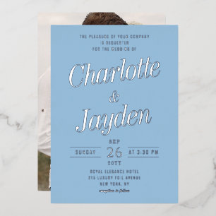 Blue Elegant Foil Script Photo Wedding Foil Invitation