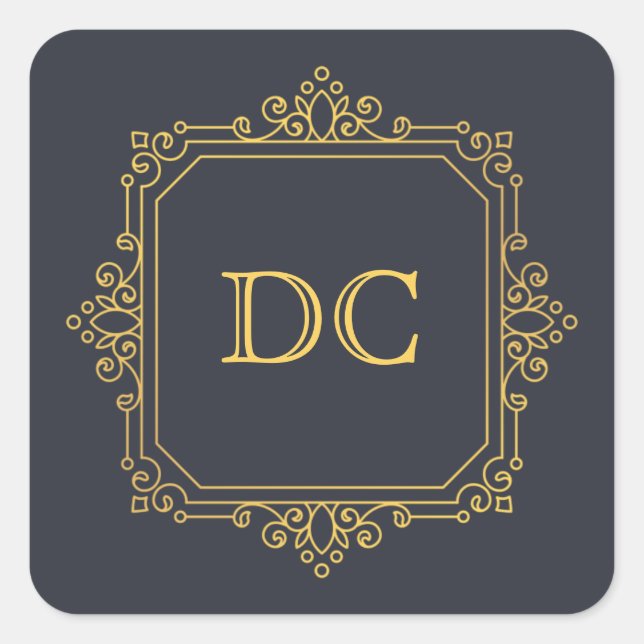 Blue Elegant Gold Design Monogram Square Sticker (Front)