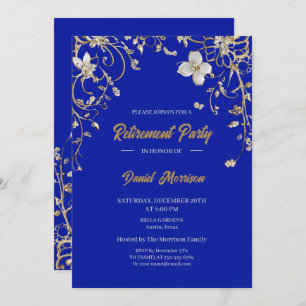 Blue Elegant Gold Floral Frame Retirement 2025 Invitation