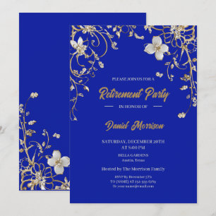 Blue Elegant Gold Floral Frame Retirement 2026 Invitation
