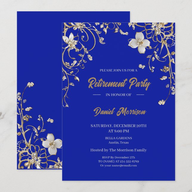 Blue Elegant Gold Floral Frame Retirement 2026 Invitation (Front/Back)