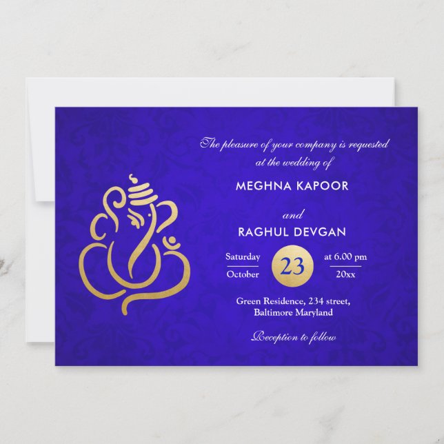 Blue Elegant Gold Foil Ganesha Indian Damask  Invitation (Front)