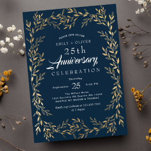Blue Elegant Gold Leaf Anniversary Invitation