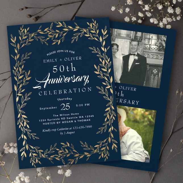 Blue Elegant Gold Leaf Anniversary Photo Invitation (Creator Uploaded)