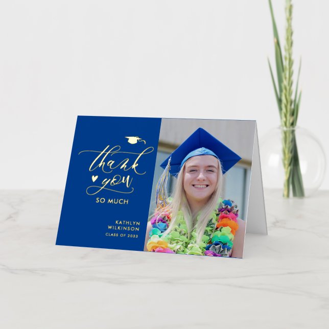 Blue Elegant Gold Script Graduation Thank You Foil Greeting Card (Front)