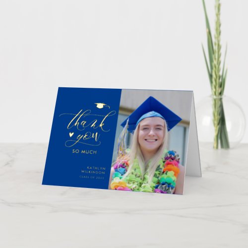 Blue Elegant Gold Script Graduation Thank You Foil Greeting Card