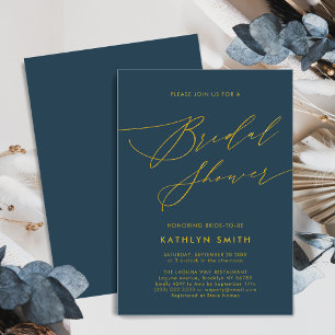 Blue Elegant Gold Script Minimalist Bridal Shower Invitation