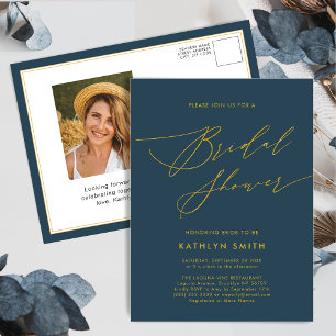 Blue Elegant Gold Script Minimalist Bridal Shower Invitation Postcard