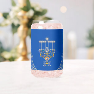 Blue Elegant Hanukkah Silver Menorah Can Glass